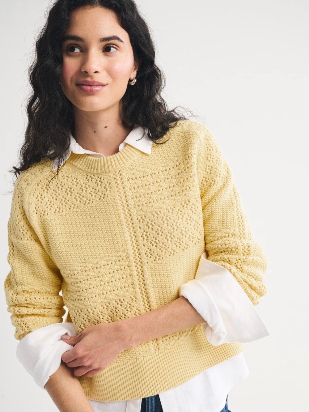 Abercrombie size medium Light Yellow Openwork Knit Crewneck Sweater NWT